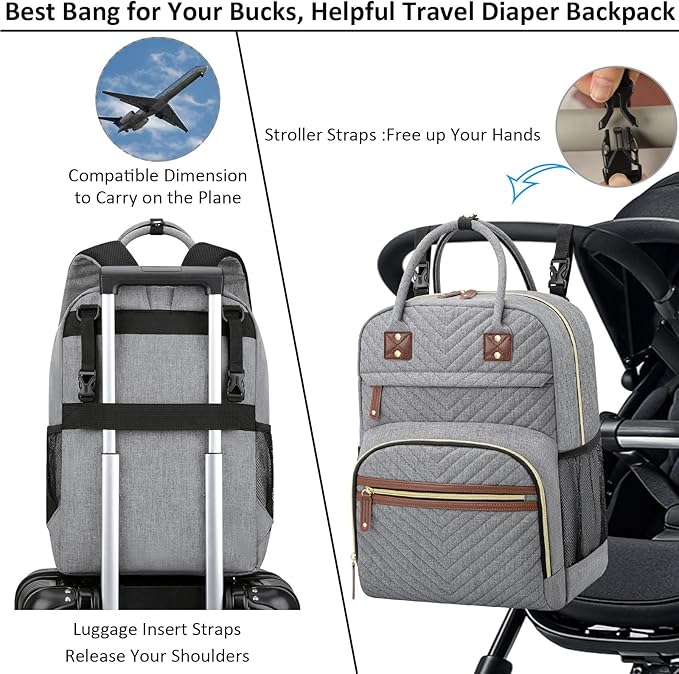 Diaper Bag Backpack Tote with Insulated Pockets for Men Baby Boys Girls Newborn Unisex Tactical Large Capacity, Multifunctional Waterproof Grey