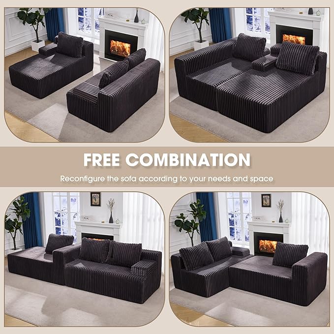 Hobestluk 96“ Modular Sectional Sofa Couches L-Shape Couch 3 Seat Modular Sofa Memory Foam Sectional Couches for Living Room, Cloud Couch with Oversized Chaise (Grey, Stripe (Left Facing Chaise))