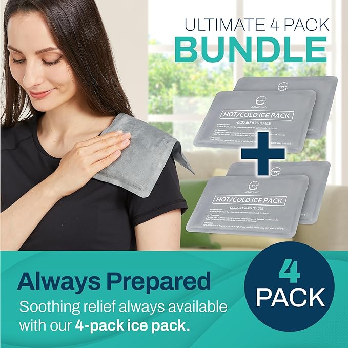 Reusable Ice Packs for Injuries - (10" x 6") Soft Ice Pack with 1 Sided Velvet Soft Fleece Fabric, Flexible Hot and Cold Gel Ice Pack Set, Grey, Pack of 4