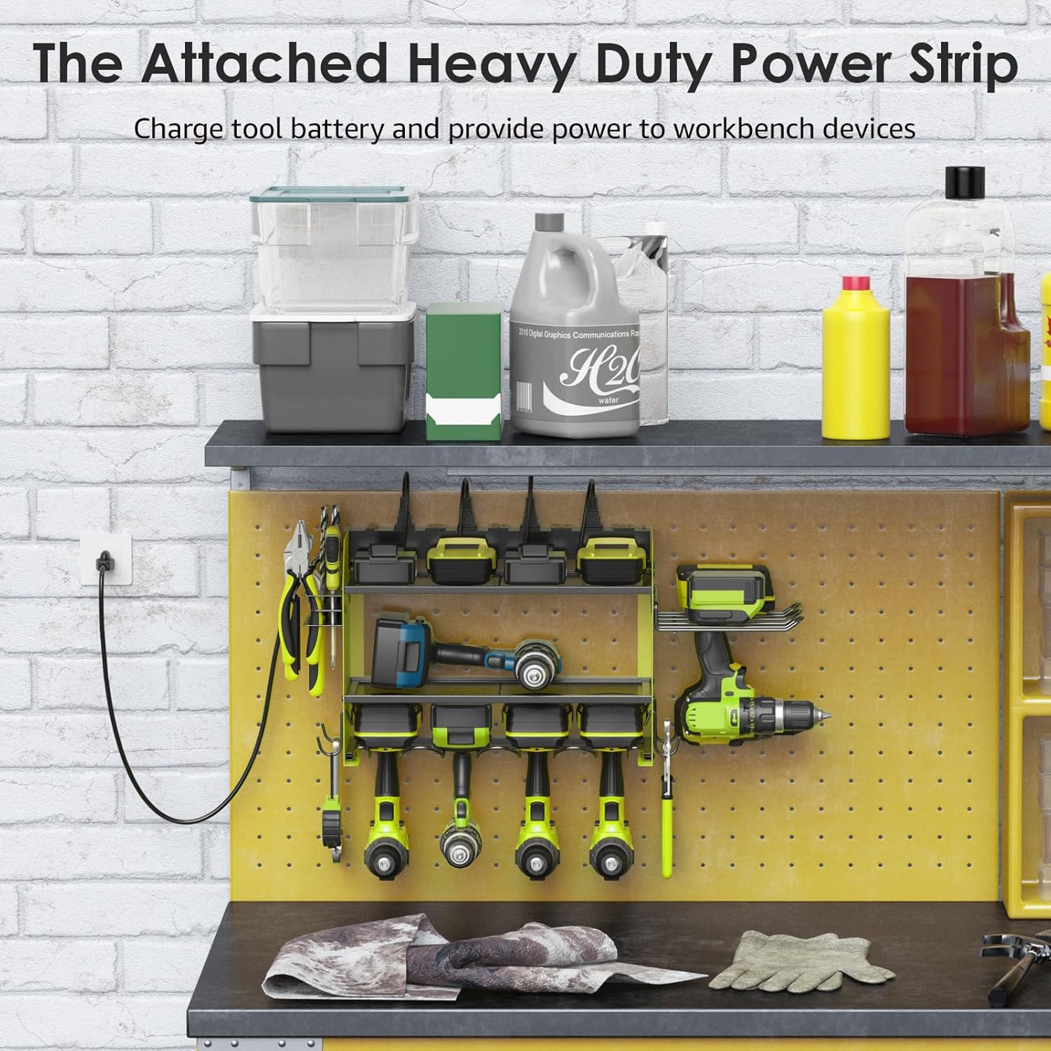 CCCEI Modular Power Tool Organizer Wall Mount Charging Station, Green 6 Drills Holder with 8 Plug Power Strip 10FT, Garage Drill Battery Heavy Duty Metal Shelf, Utility Rack with Hooks, Side Storage.