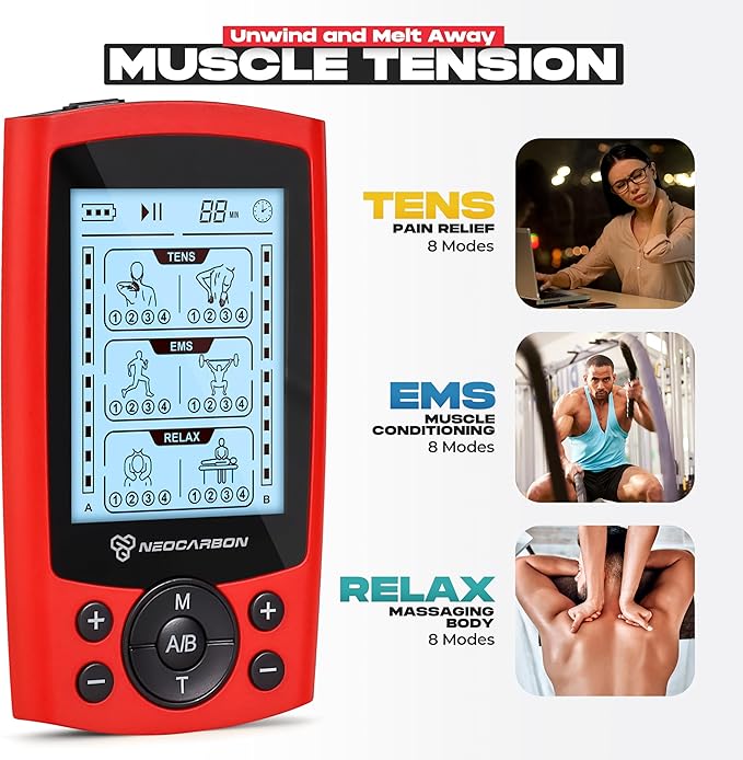 TENS Unit Muscle Stimulator, Electronic PMS Pulse Massager Machine for Shock Physical Therapy, Back Pain Relief, Shoulder Recovery, Red