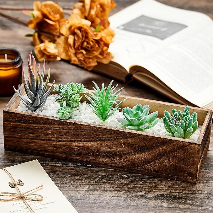 Dandat 4 Set Wood Boxes for Centerpieces Rectangle Wooden Planter Box Rustic Wood Planter with Removable Plastic Liner Floral Foam Blocks for Centerpieces Home Wedding Garden Decor (12x4 Inch)
