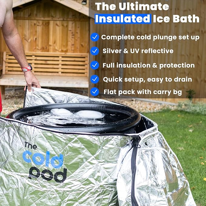 The Cold Pod Insulated XL Cold Plunge Tub Bundle - 116 Gal Ice Bath Round Tubs with Energy Saving Multi-Layer Cover - Chiller Compatible&Silver Reflective