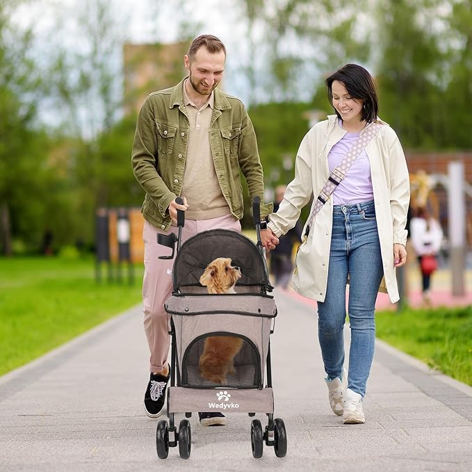 Umbrella Dog Stroller, 4 Wheels Pet Strolling, Foldable Carrier Pet Stroller for Small Dogs Cats, with Carrying Strap and Cup Holder, Dog Poop Bags & Dispenser, Up to 33 lbs, Coffee