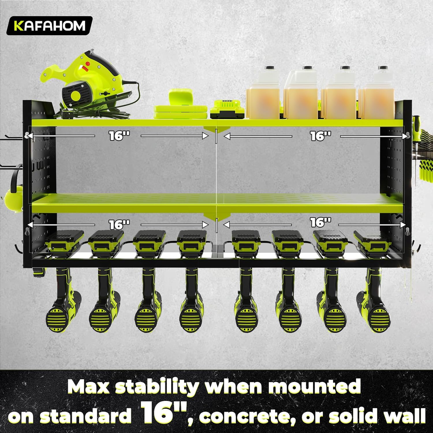 KAFAHOM Power Tool Organizer with Charging Station, Built in 8 Outlet Power Strip,Large 8 Drill Holder Wall Mount, Heavy Duty Metal Power Tool Storage Rack Tool Shelf for Garage Organization