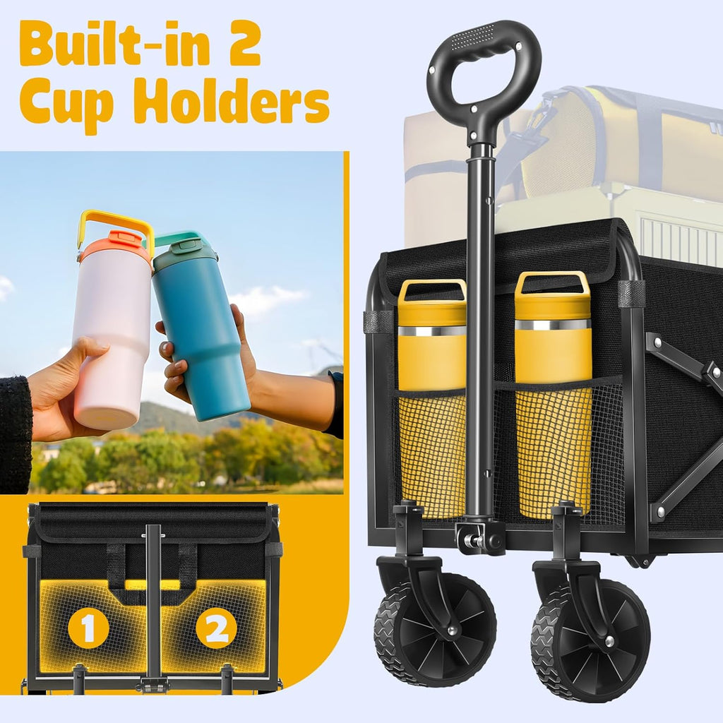Wagon Cart Foldable, 360Lbs Collapsible Wagon Cart with Wheels Portable, Outdoor Utility Carts for Groceries, Camping, Sports, Garden, Shopping, Black