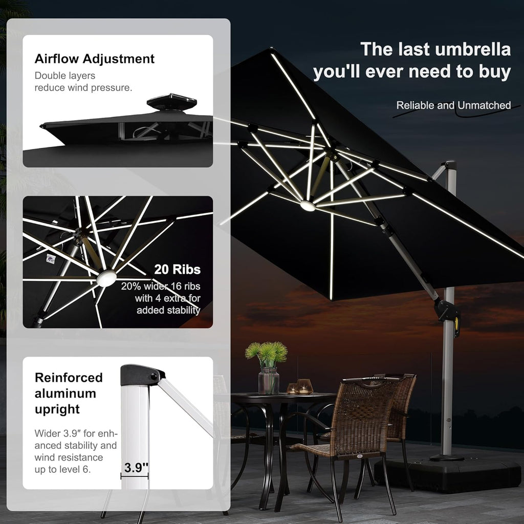 Purple Leaf 9' x 12' Solar Powered LED Rectangle Patio Umbrella Offset Hanging in Black
