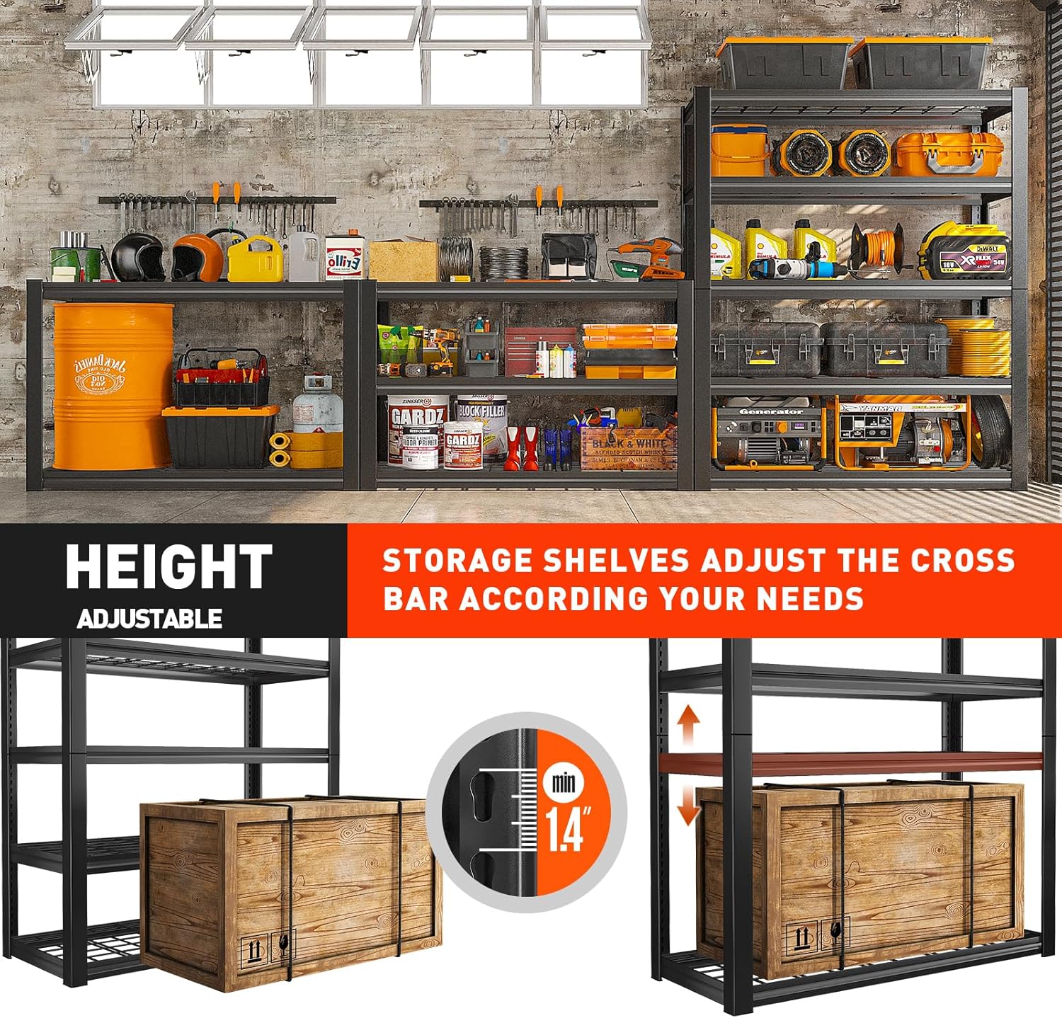 REIBII 48.2''W Garage Shelving Heavy Duty Metal Shelving 3000LBS Storage Shelves Adjustable Metal Shelves Industrial Garage Shelf for Warehouse Basement 48.2 "W x 24.2" D x 72.2 "H