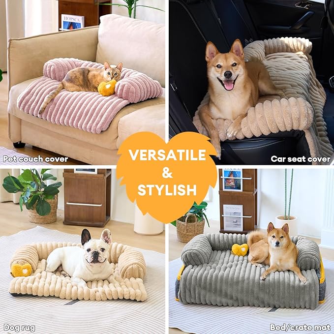 FUNNY FUZZY Pet Couch Cover for Sofa, Calming Dog Bed for Couch, Fluffy Plush Dog Couch Mat for Furniture Protector for Large Medium Small Pets, 47×37 in, Mist Grey