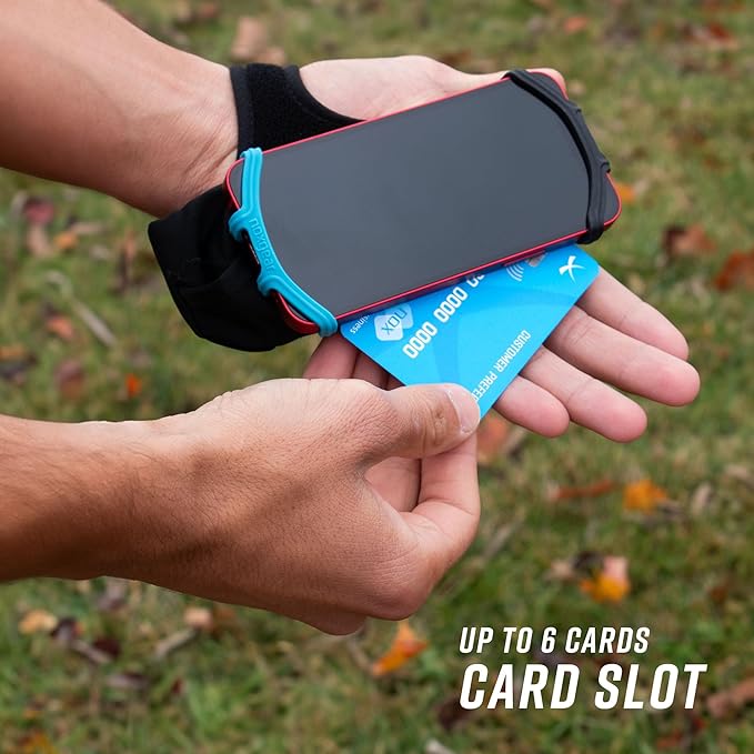 Noxgear Hand Held Phone Holder - Handheld Grip Phone Holder with Key Fob & Card Slot for Running, Jogging & Working Out - Compatible with All Phones - Machine Washable (Noxgear Blue, Right Hand)