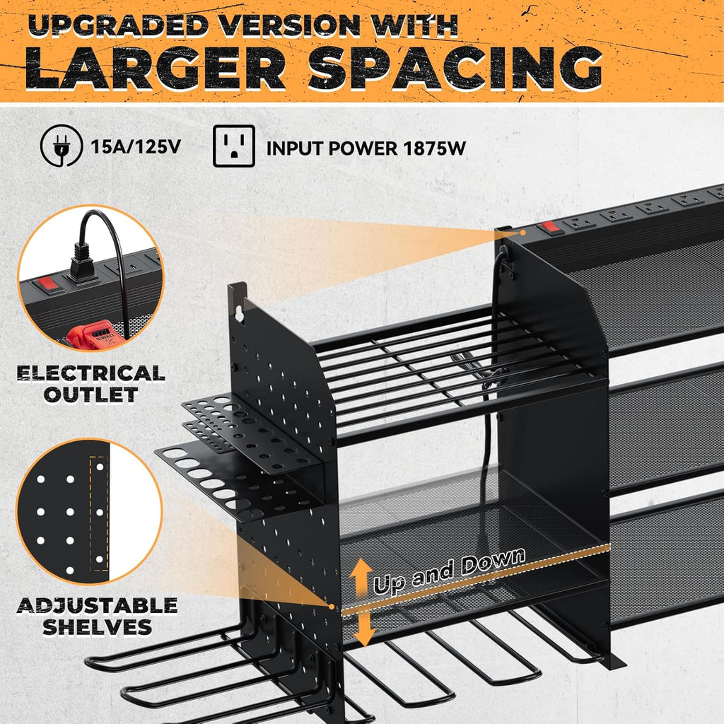 Upgrade Large Power Tool Organizer Wall Mount with Charging Station Tool Storage Rack with 6.5FT Power Strip 10 Drill Holder and Storage Rack for Garage Organization