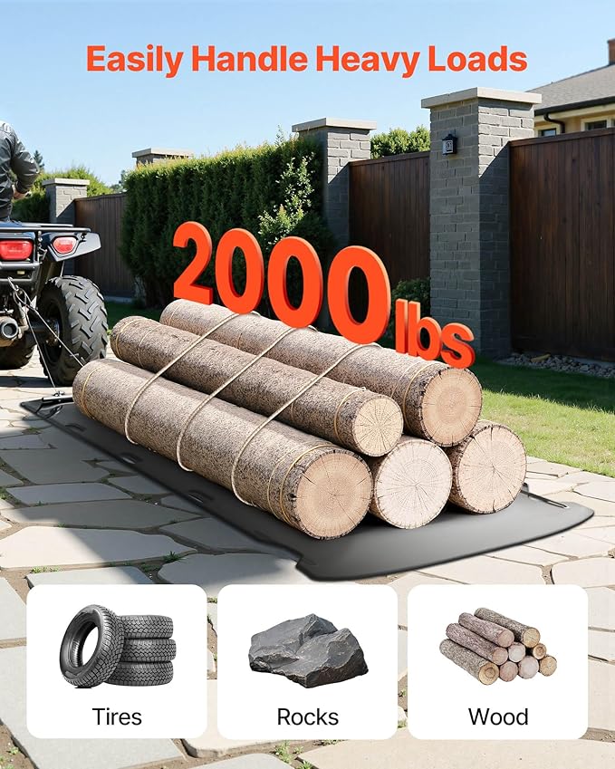 VEVOR Yard Drag Sled, 110 x 46 in, 2000lbs Heavy Duty Utility Sled, HDPE Drag Glider with Ropes & Pull Cable, Dual Use Game Hauler for Firewood Ice Fishing, Compatible with ATVs UTVs Tractors