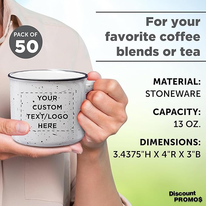 DISCOUNT PROMOS Custom Ceramic Campfire Coffee Mugs 13 oz. Set of 50, Personalized Bulk Pack - Perfect for Tea, Espresso, Cappuccino, Hot Cocoa - White
