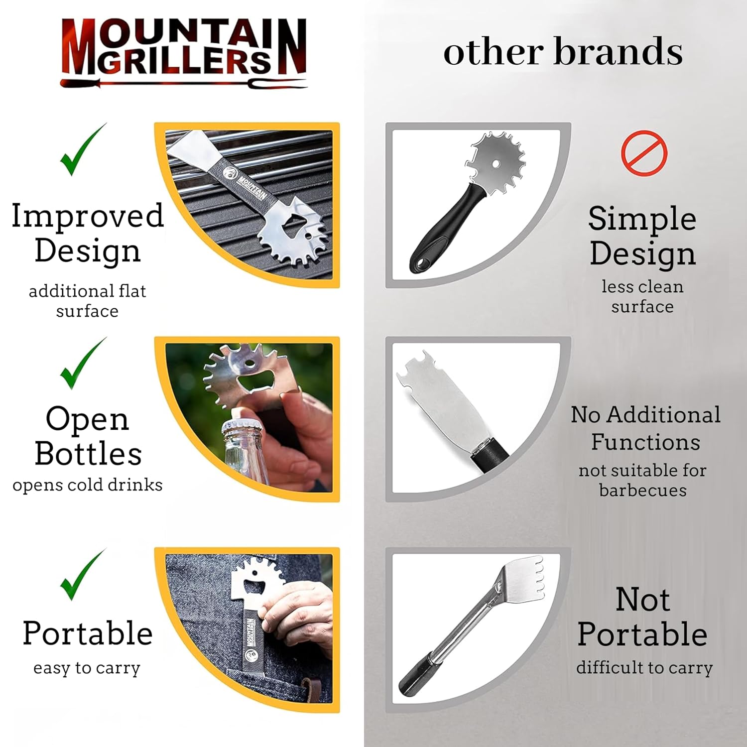 Mountain Grillers BBQ Grill Grate Scraper - Wide Portable Grill Scrubber for Outdoor Grill, Griddle, Smoke or Oven Grates - Non Slip Stainless Steel Grill Cleaning Tools with Built-in Bottle Opener