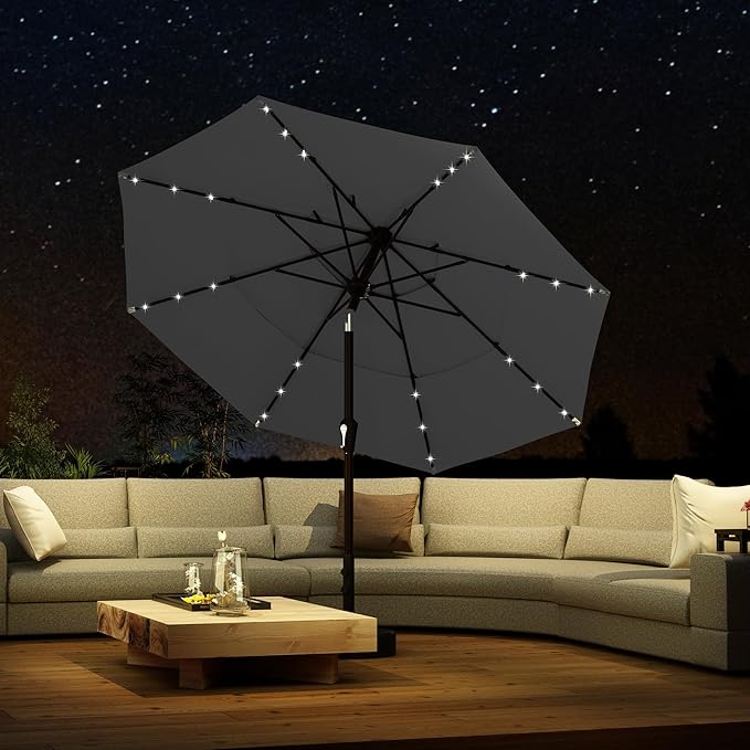 Kingdura 10ft 3-Tier Patio Umbrella with Solar Lights, Table Umbrella Outdoor Patio with Easy Crank & Tilt, 8 Sturdy Ribs, UV Protection, 32 LED Lights for Deck, Poolside, Market (Grey)