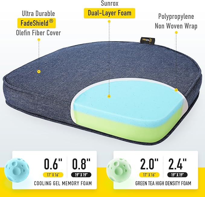 SUNROX Gel Memory Foam Chair Cushions, FadeShield Water-, Stain-Resistant Durable Reversible Seat Cushion Pads with Ties for Indoor/Outdoor Kitchen Dining Office, 17"x16", Set of 6, Heather Indigo