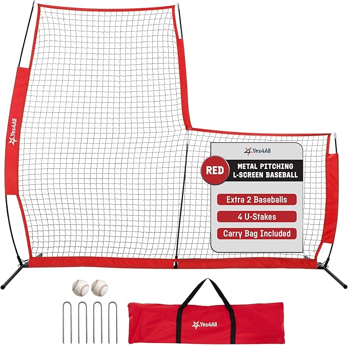Yes4All Portable L-Screen Baseball 7x7ft with 2 Baseballs, Rubber Wheels - L Screen Baseball for Batting Cage, Protective Pitching Screen Net Double Layers, Carry Bag Included