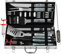 grilljoy 24PCS BBQ Grill Tools Set with Meat Thermometer and Injector - Extra Thick Stainless Steel Fork, Spatula& Tongs - Complete BBQ Accessories in Aluminum Case - Perfect Grill Gifts for Men Grey