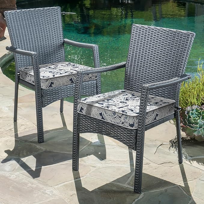 LVTXIII Patio Chair Cushions 19"x19"x3", Water-Repellent Outdoor Seat Cushions for Patio Furniture, Square Chair Pads with Ties for Home Garden Decoration, Set of 2, Damask Lapis
