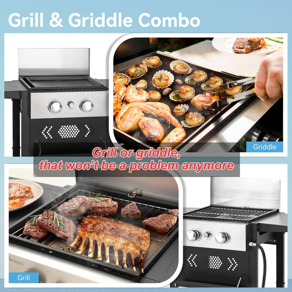 GREEN PARTY 2 Burner Griddle Grill Combo, 2 in 1 Propane Gas BBQ Grill w/Cast Iron Plate, 20,000 BTU Output Small Flat Top Propane Barbecue Grill for Camping, Patio, Backyard, Balcony