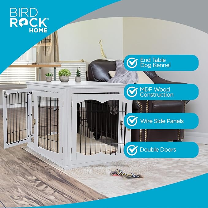 INTERNET'S BEST Decorative Dog Kennel with Pet Bed, Small Pet House, Double Door Indoor Crate, Engineered Wood & Wire Furniture, Side Table & Nightstand, Fits Small Dogs - White