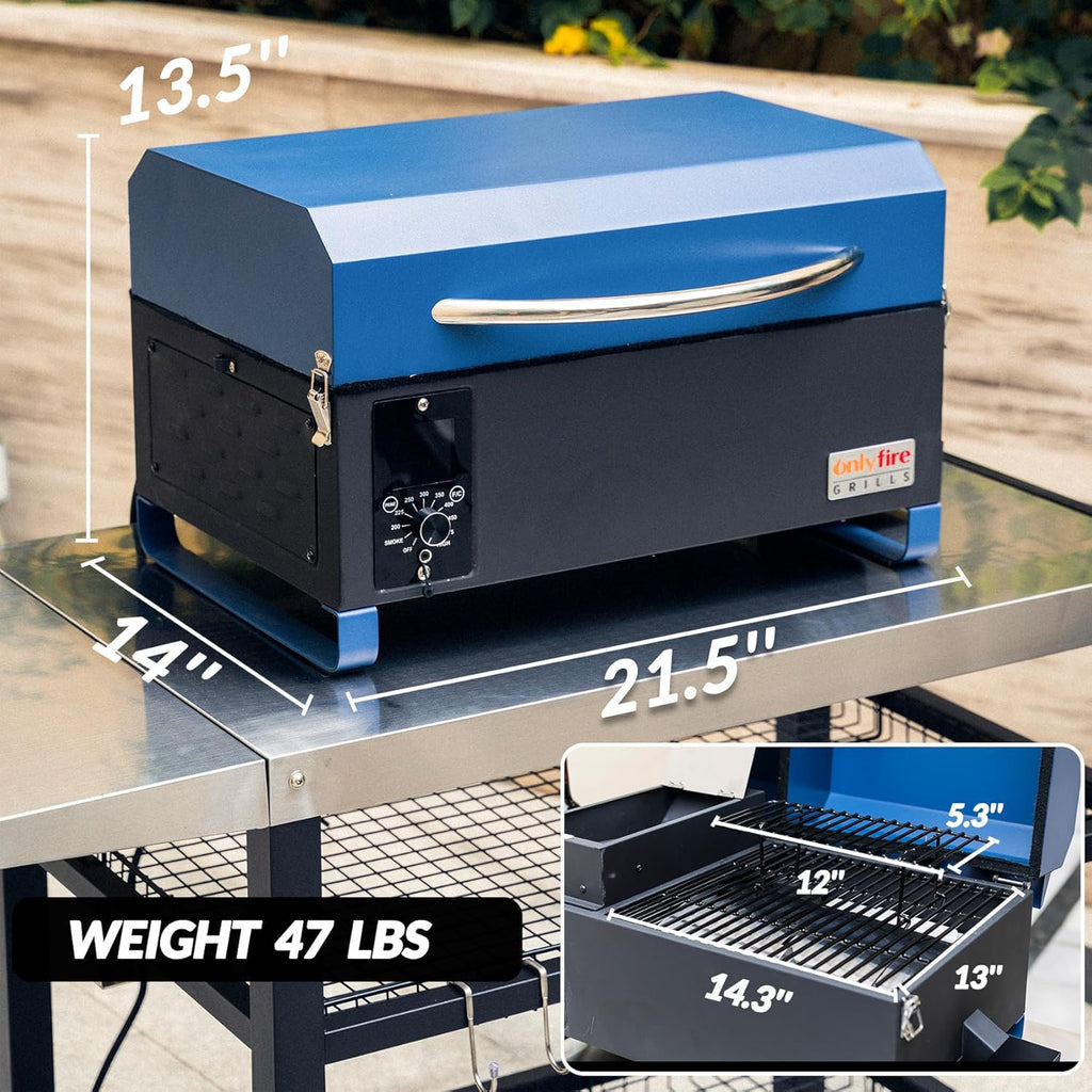 Onlyfire BBQ Wood Pellet Grill Smoker with Digital Control, LED Screen, Meat Probe & 2 Tiers Cooking Area, Portable Tabletop Grilling Stove for BBQ, Smoke, Bake and Roast, RV Camping, Blue
