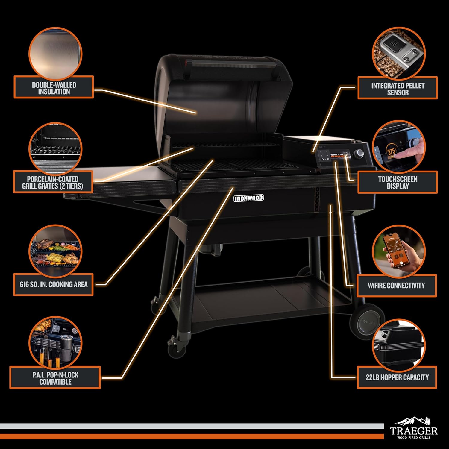 Traeger Ironwood Pellet Smoker Grill, Electric Wood Pellet Grill with WiFIRE App Control, 165F - 500F Degree Temperature Control Super Smoke Mode, 6-in-1 BBQ Smoker Grilling Combo, TFB61RLG