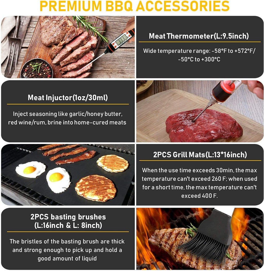 34Pcs Grill Accessories Grilling Gifts for Men, 16 Inches Heavy Duty BBQ Accessories, Stainless Steel BBQ Tools with Thermometer, Grill Mats for Backyard, BBQ Set for Men Women