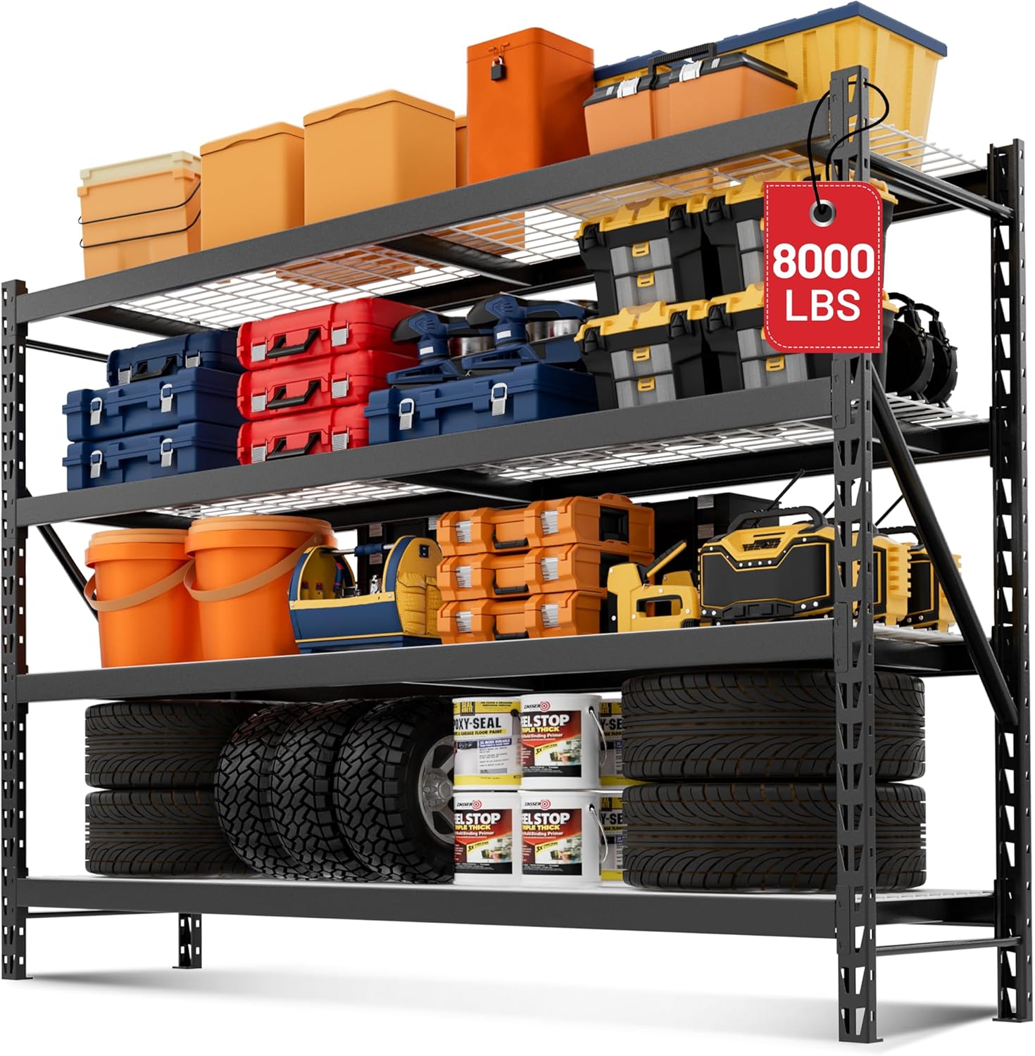 WORKPRO 8000LBS Storage Shelves, 77" Extra-Wide Garage Shelving, Heavy-Duty Metal Shelving Unit, Adjustable 4-Tier Garage Storage Rack for Warehouse, Basement,77" W X 24" D X 72" H, Black
