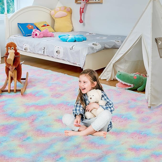 Ultra Soft Rug for Living Room, 5X8 Fluffy Shag Area Rug for Bedroom, Modern Shaggy Carpets Fuzzy Rug for Teens Dorm Nursery Home Decor Aesthetic, Upgrade Anti-Skid Durable, Rainbow
