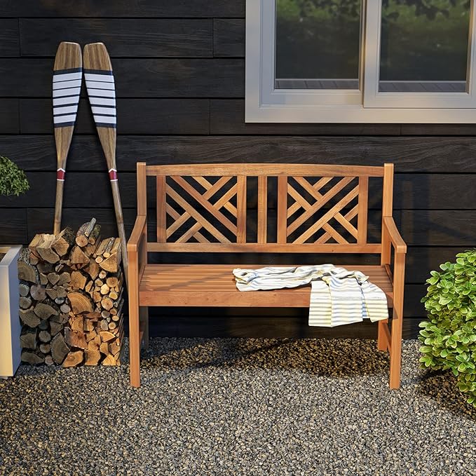 Giantex Outdoor Wooden Garden Bench - 2-Person Acacia Wood Loveseat with Armrests, Backrest, 800lbs Capacity, Patio Park Bench for Backyard, Front Porch Bench (Non-Foldable)