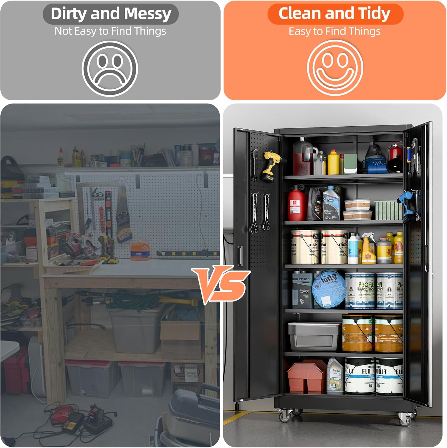 Aobabo 71" H×34" W×18" D Metal Storage Cabinet with Wheels, Locking Steel Storage Cabinet with 4 Hooks, 5 Shelves for Garage, Home Office, School, Assembly Required, Black