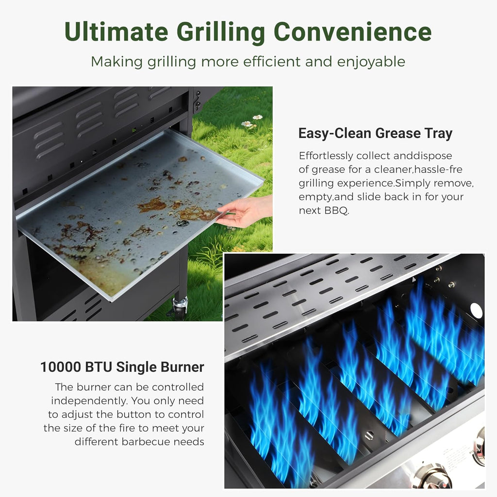 4-Burner Propane Gas BBQ Grill with Wheels, 40,000 BTU Output Stainless Steel Barbecue Grill for Backyard & Outdoor Cooking Easy Assembly, Foldable Side Tables & Spice Rack (Dark Black)