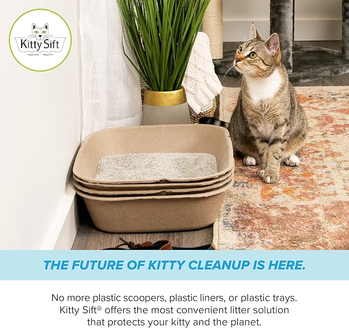 Kitty Sift (Set of 1 Litter Box & 5 Sifting Liners) Sustainable, Clean, Sifting, Disposable Cat Litter Box Kit - Large, 6-Set Kit