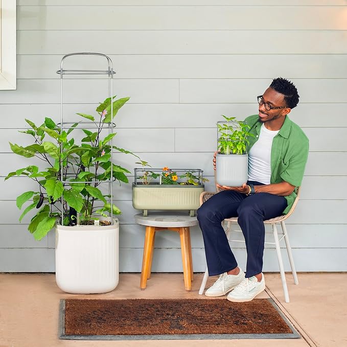 Vego garden Mini Planter Indoor Pots with Trellis Self-Watering Herb Countertop Planter for Climbing Vegetables Flowers Mint Plants Cage- Fog Gray