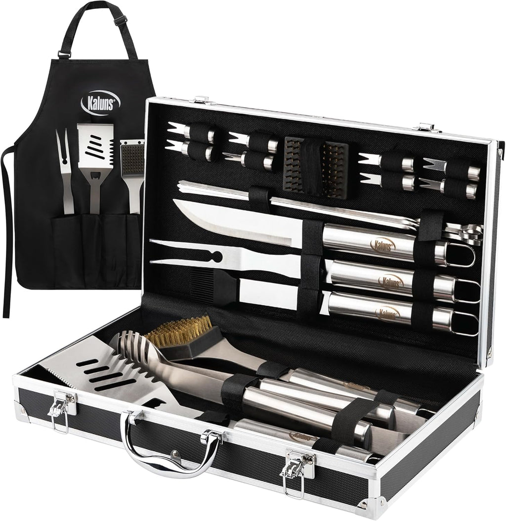 Kaluns Grilling Accessories, Birthday Gifts for Men Grilling Gifts, Heavy Duty Stainless Steel BBQ Grill Tools Set for Outdoor Grill with Aluminum Case and Apron, Husband Dad Gifts for Christmas