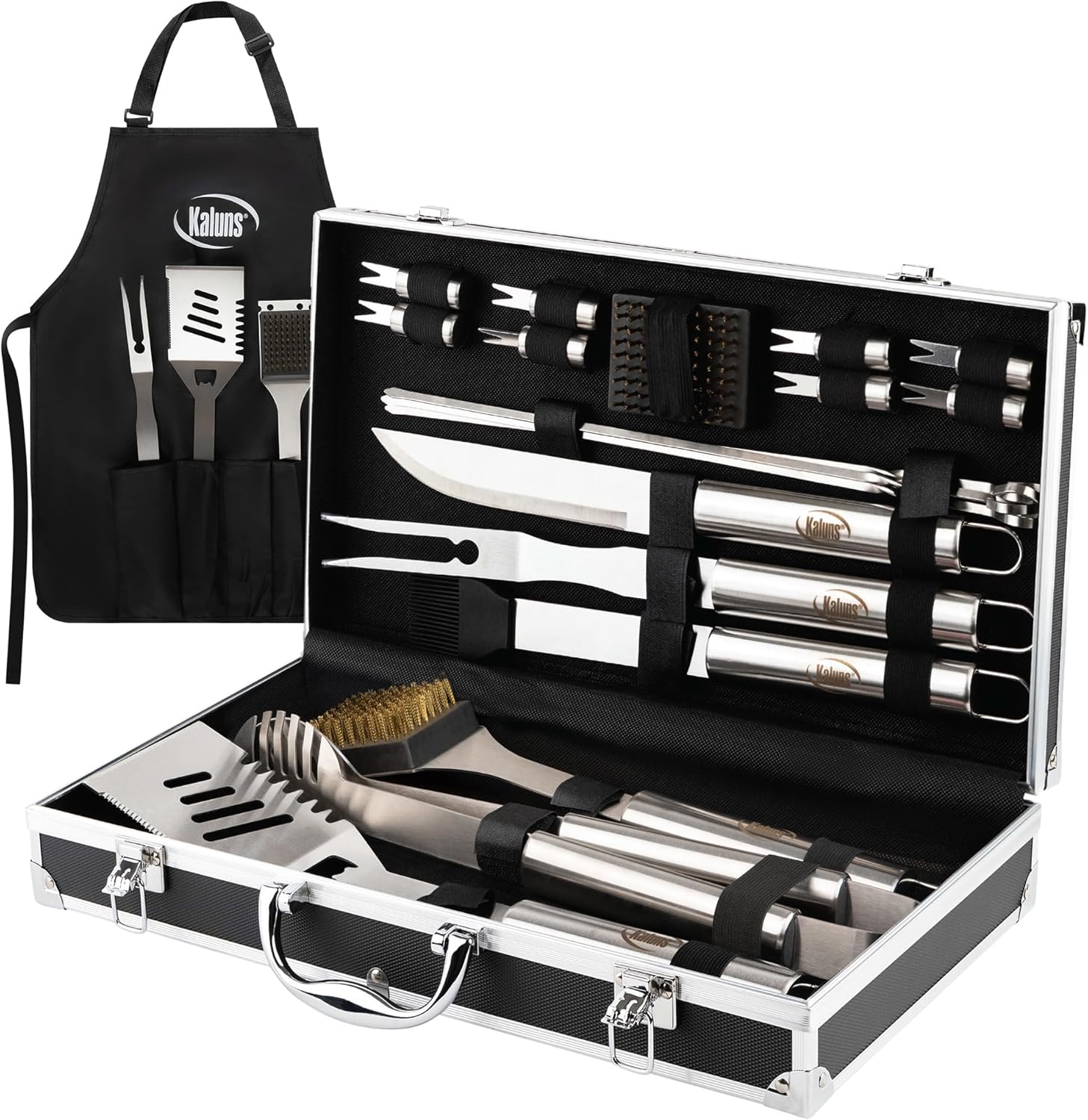 Kaluns Grilling Accessories, Birthday Gifts for Men Grilling Gifts, Heavy Duty Stainless Steel BBQ Grill Tools Set for Outdoor Grill with Aluminum Case and Apron, Husband Dad Gifts for Christmas