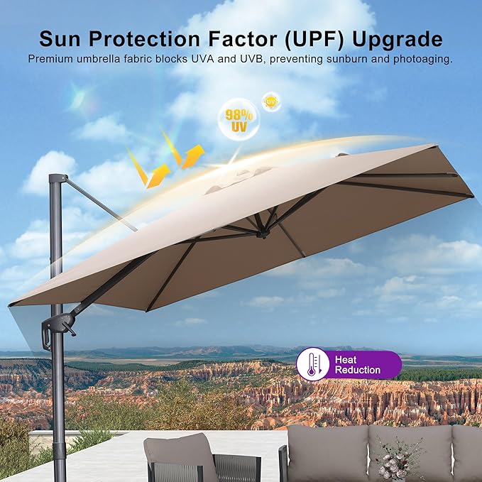 PURPLE LEAF 9' X 11.5' Rectangle Patio Umbrella Outdoor Large Aluminum Cantilever Umbrella with 3-Year Fade Resistance Recycled Fabric and 360-degree Rotation for Deck Pool Garden, Sand Dune