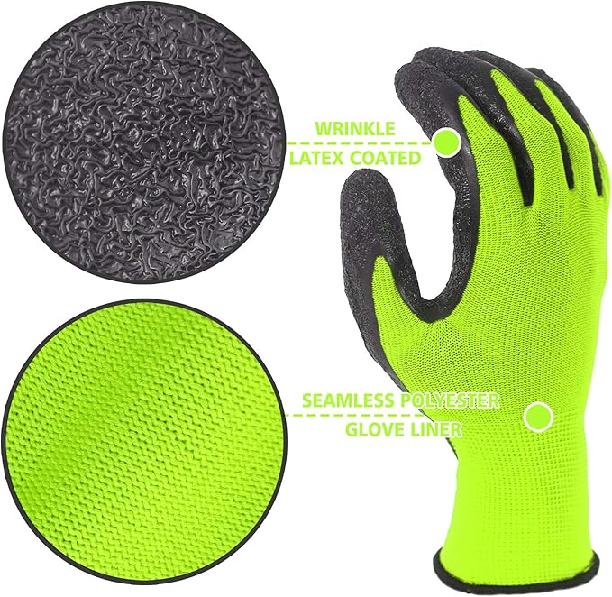 Evridwear Crinkle Latex Rubber Hand Coated Safety Work Gloves for Men Women General Multi Use Construction Warehouse Gardening Assembly Landscaping (Medium,Green- 12Pair)
