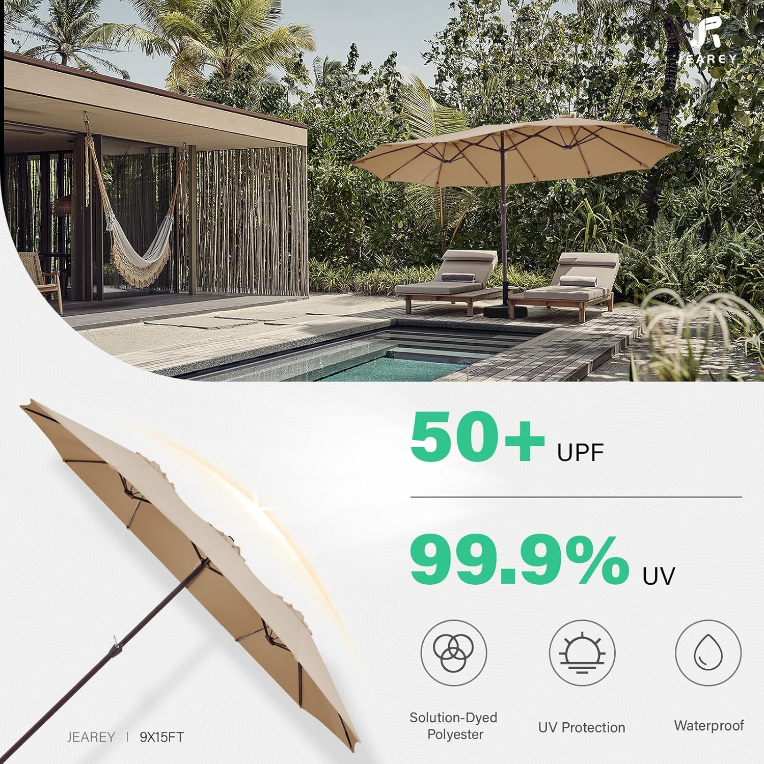 JEAREY 15FT Patio Umbrella Large Outdoor Umbrella Extra Double-Sided Market Umbrella with Crank Handle for Garden, Deck, Backyard and Pool, Beige