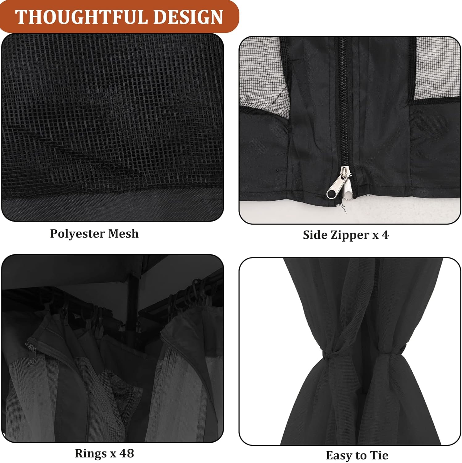 Gazebo Mosquito Netting Replacement 10' x 10' x 7'1'', Universal 4-Panel Screen Sidewall with Zipper, Black (Mosquito Net Only)
