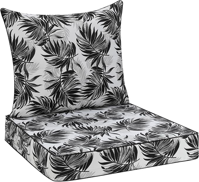 Favoyard Outdoor Seat Cushion 22 x 22 x 3 in Waterproof Pattern Fade Resistant Cover Removable Patio Furniture Cushions Deep Seat & Back Cushion Set with Adjustable Straps for Patio Chair Sofa Couch