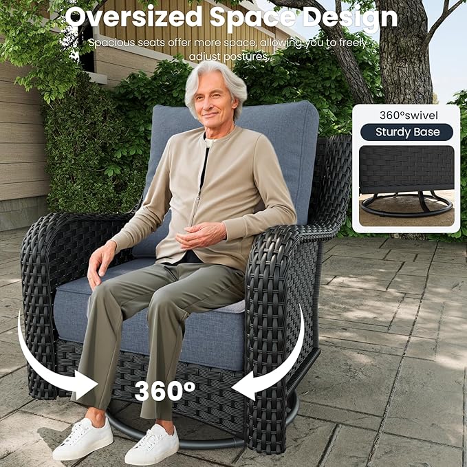 7 Pieces Outdoor Patio Furniture Sets with Rocking Swivel Chairs with 6-inch Thick Cushion and Side Table for Deck Lawn