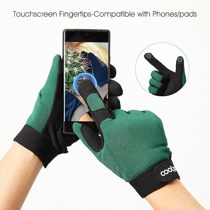COOLJOB Thorn Proof Garden Gloves with Touchscreen Fingers for Men, Rose Pruning Work Gloves with Palm Cushion for Gardener, Farmer and Landscaper (Green 1 Pair Medium)