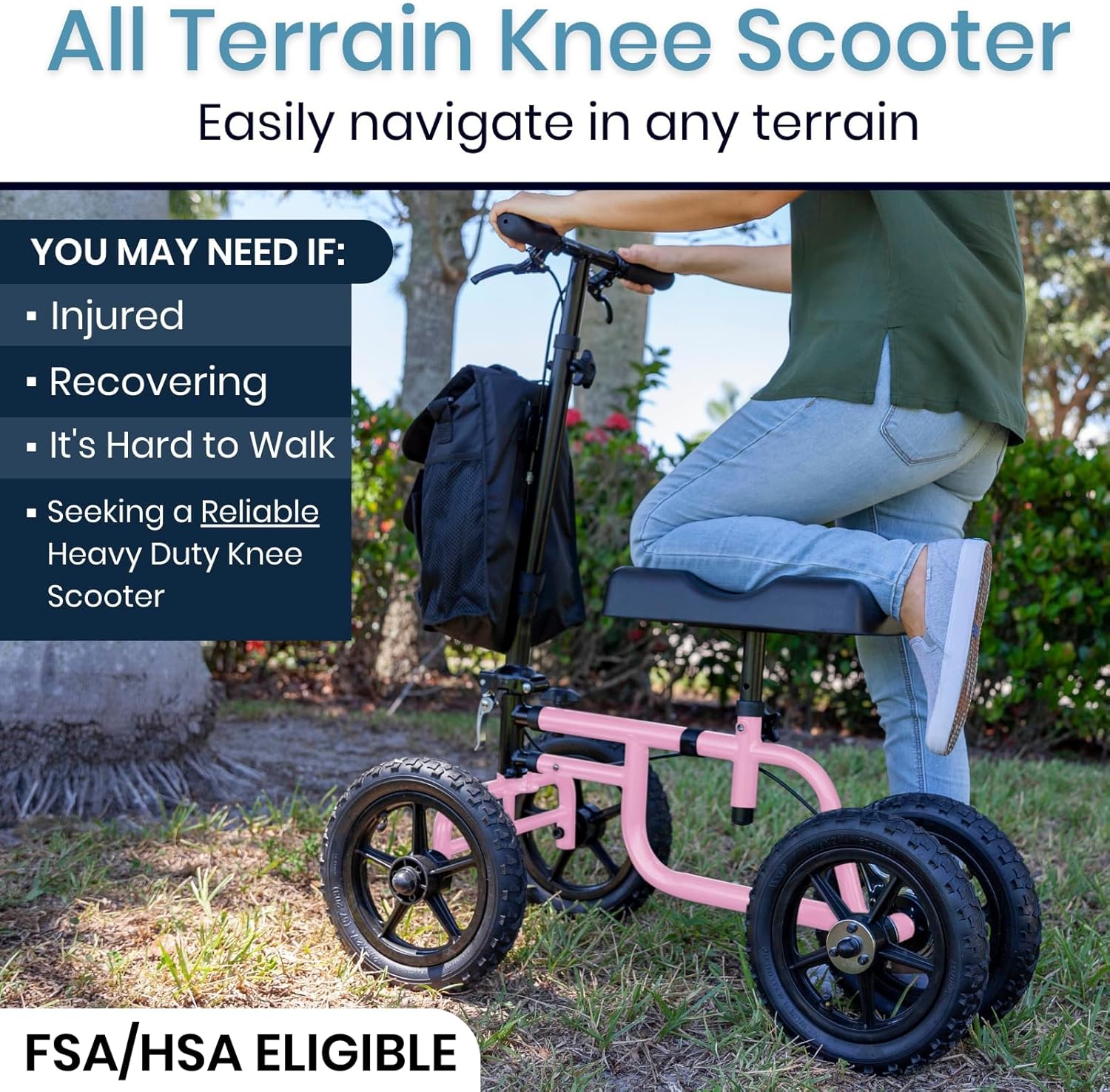 All Terrain Knee Scooter Walker for Foot Injuries - Adult Broken Leg Crutch Cart Roller for Surgery, Broken Foot, Ankle Injury - Kneeling Rolling Steerable Seated Wheel Scooter Aid