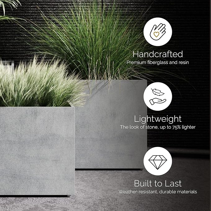Reglito Cube Planter – Fiberglass Indoor/Outdoor and Weather-Resistant Large Planter (Concrete Stone, 23.6" L x 23.6" W x 24.2" H)