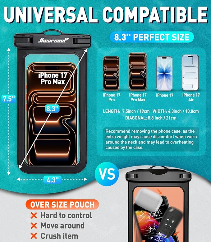 Hiearcool Universal Waterproof Phone Pouch Compatible for iPhone 17 16 15 14 13 Pro Max Plus Up to 8.3", IPX8 Beach Travel Essentials-Black&Purple-2Pack