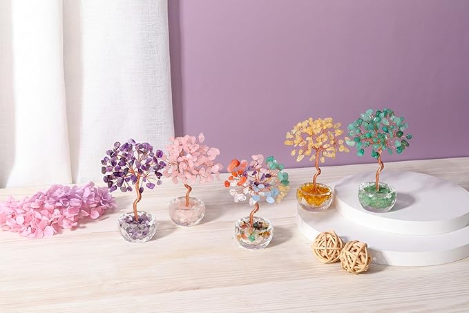 Jovivi Small Rose Quartz Crystal Tree, Natural Crystal Healing Stones Tree Glass Bowl Base Gemstone Money Trees Feng Shui Good Luck Home Desk Decor