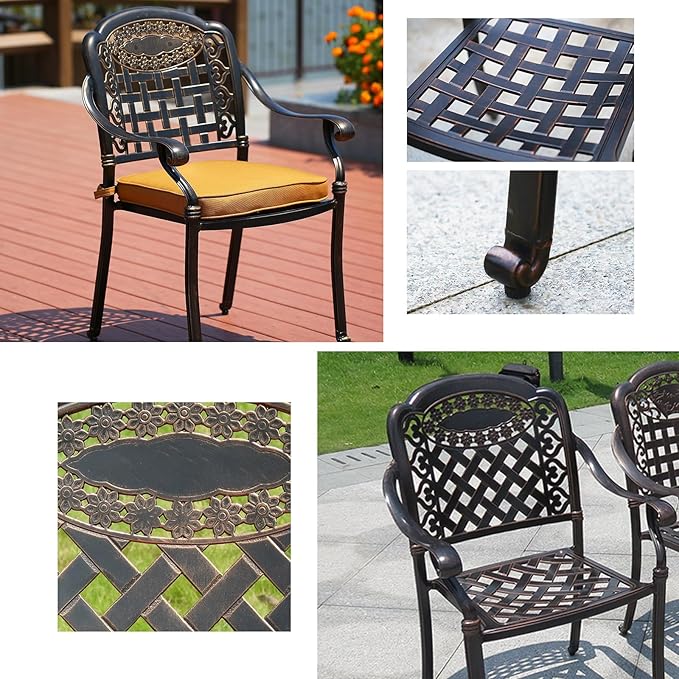 Outdoor Dining Chair Cast Aluminum Patio Chairs Set of 2 All-Weather Patio Dining Chair with Adjustable Feet for Backyard Garden (Slanted Grid Round Chair)