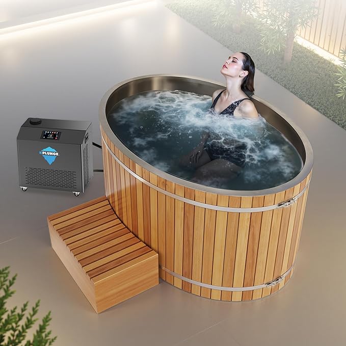 Premium 62-in. Cedar Wood Cold Plunge and Hot Tub with 3/4HP Chiller and Heater | Stainless Steel Tub with Wooden Step, Foldable Cover, Headrest, and WiFi App Control Chiller for Indoor/Outdoor Use